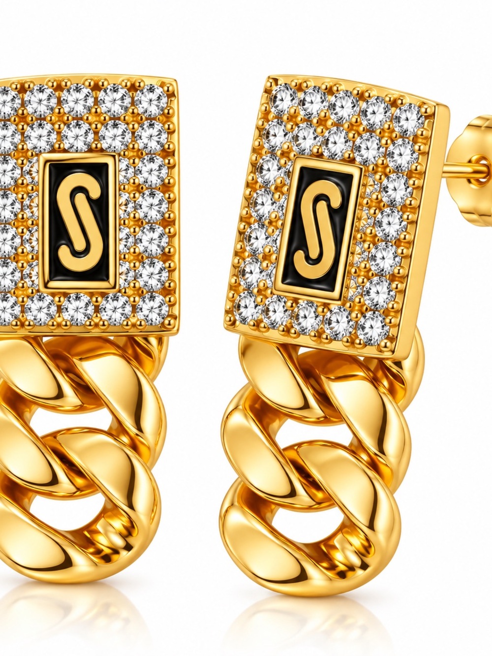 Gold-Plate Pave Chain Link Stud Earrings with Black Accent
